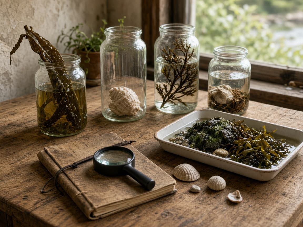 Generated still-life of a temperate marine education bench with specimen jars, kelp, a field notebook and a seawater tray, without readable text or faces.
